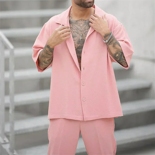 Men's Two Piece Short Sleeve Shirt and Straight Leg Trousers Set