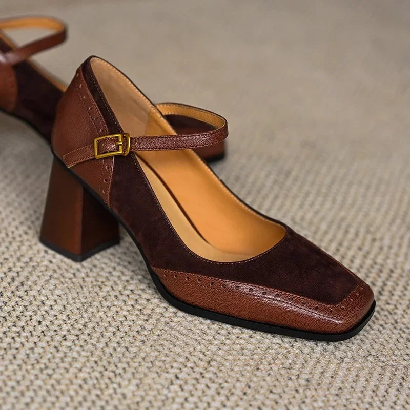 Women’s Mary Jane Block Heel Shoes with Square Toe and Buckle Strap