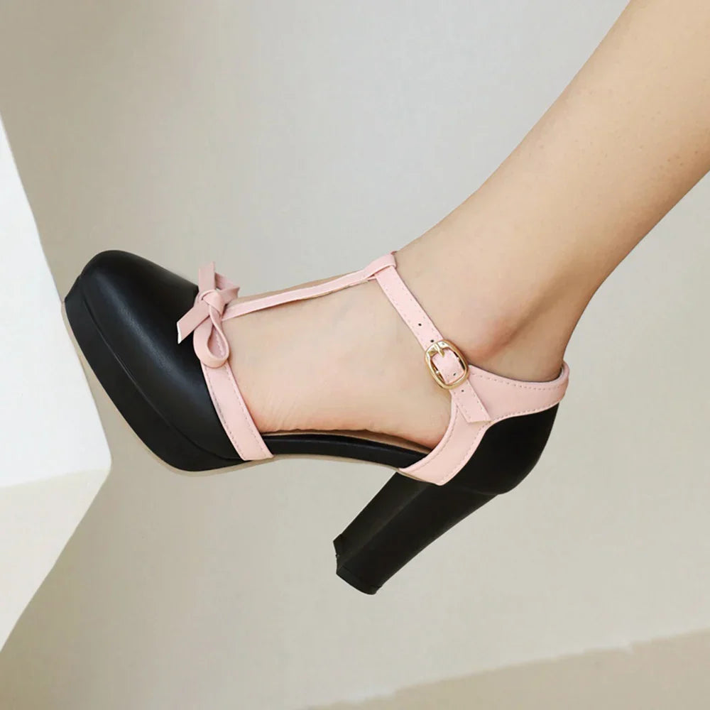 Women’s T-Strap High Heel Pumps with Buckle Closure and Round Toe