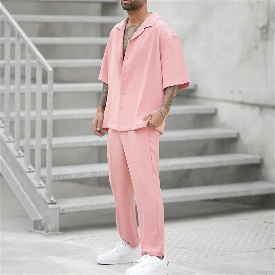Men's Two Piece Short Sleeve Shirt and Straight Leg Trousers Set