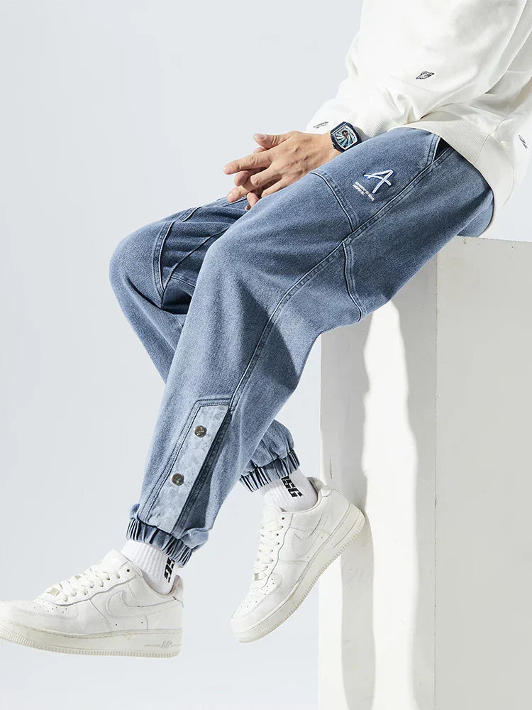 Men's Denim Jogger Jeans - Elasticated Drawstring Waist - Ribbed Cuff - Panelled Seam Detail