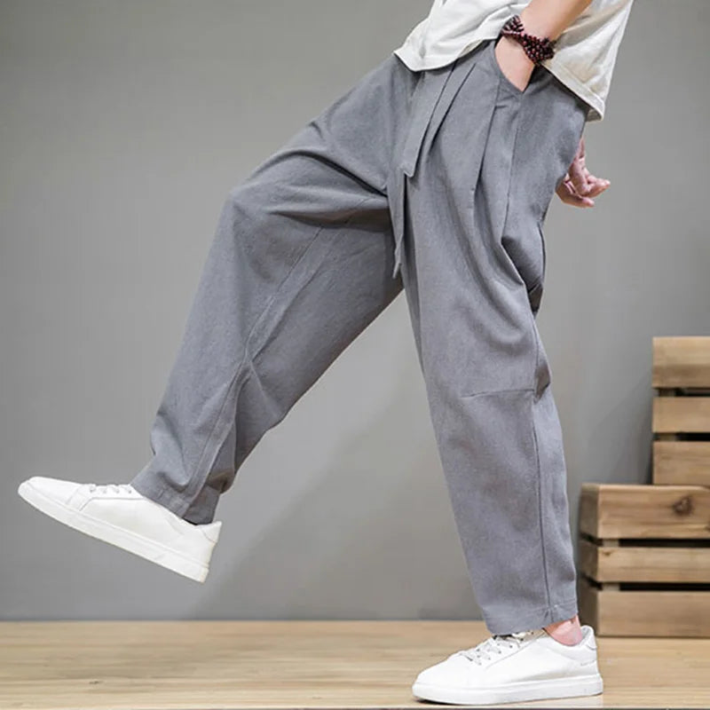 Men's Wide-Leg Tapered Trousers - Cotton Linen Blend - Casual Elastic Waist Wrap-Detail Pants with Tie-Front