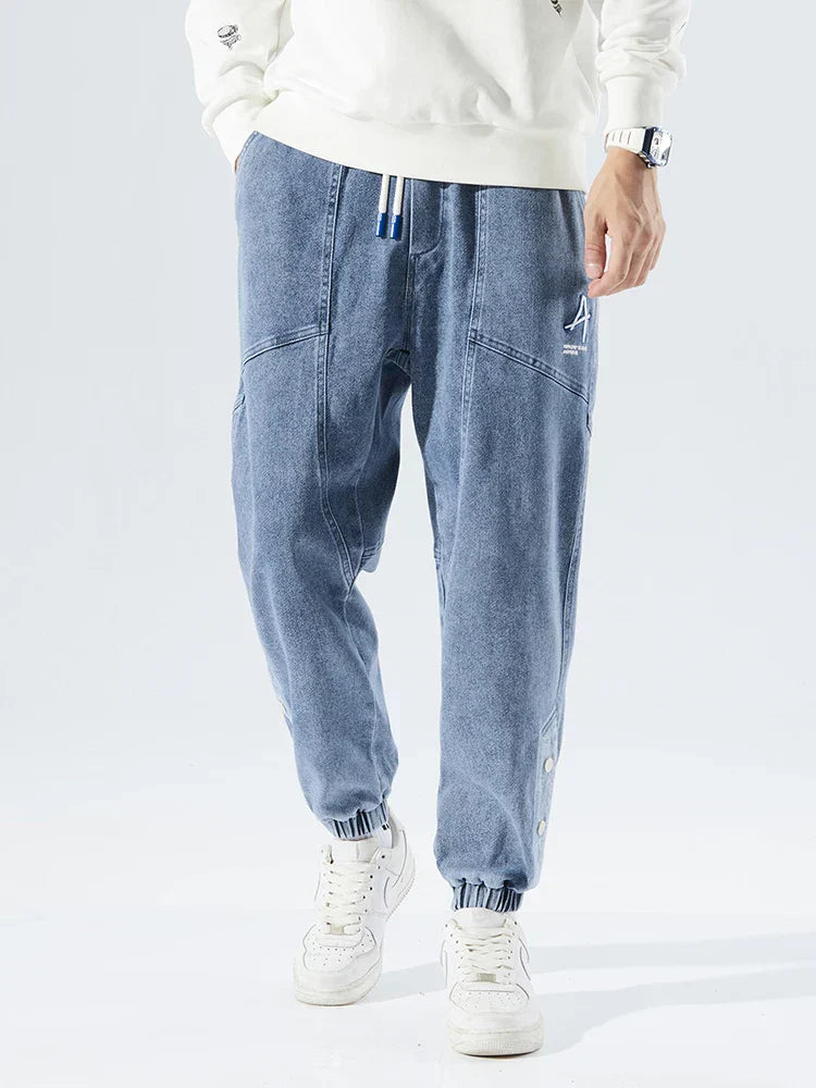 Men's Denim Jogger Jeans - Elasticated Drawstring Waist - Ribbed Cuff - Panelled Seam Detail