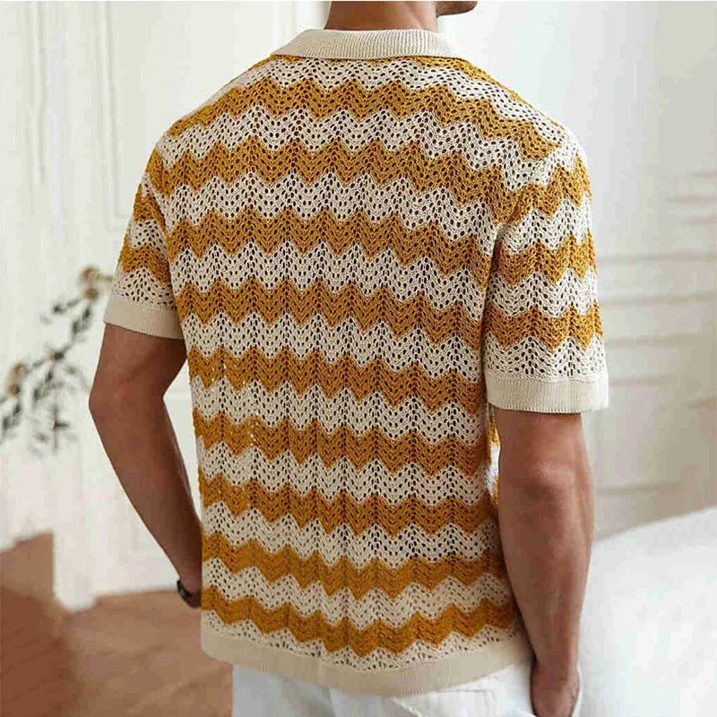 Men’s Short Sleeve Button-Front Crochet Knit Shirt with Zigzag Pattern and Collar