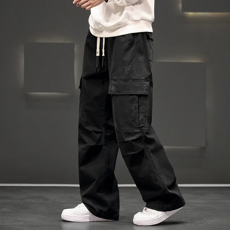 Men’s Wide Leg Cargo Trousers with Drawstring Waist and Flap Pockets