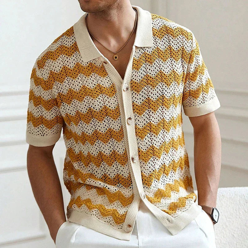 Men’s Short Sleeve Button-Front Crochet Knit Shirt with Zigzag Pattern and Collar