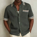 Men’s Army Green Short Sleeve Knit Polo Shirt with Button Front and Chest Pocket