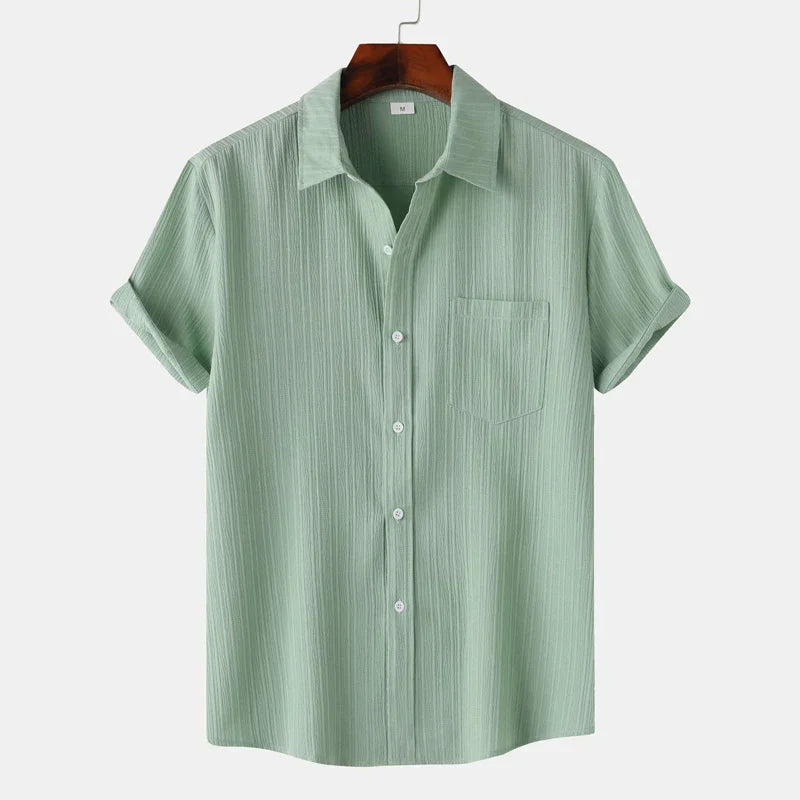 Men’s Short Sleeve Button-Up Shirt with Polo Collar and Chest Pocket