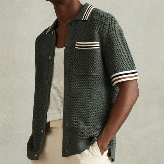 Men’s Army Green Short Sleeve Knit Polo Shirt with Button Front and Chest Pocket