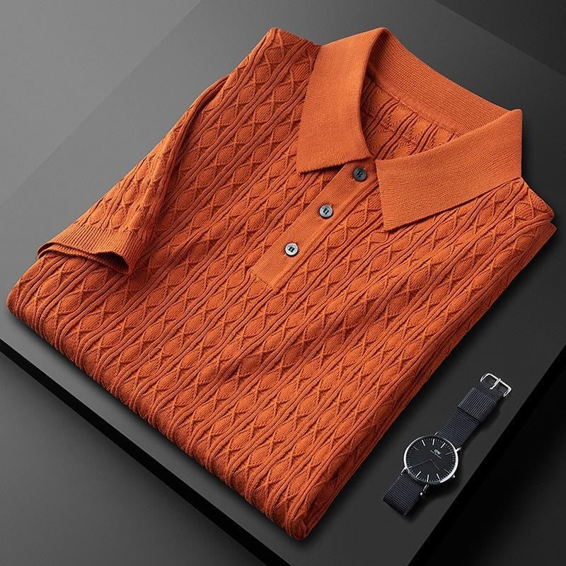 Men’s Textured Short Sleeve Polo Shirt with Three-Button Placket