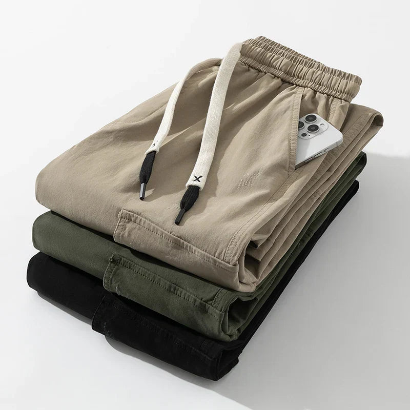 Men’s Wide Leg Cargo Trousers with Drawstring Waist and Flap Pockets