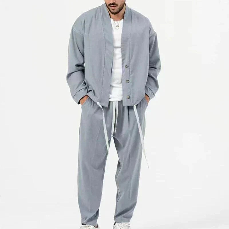 Men’s Two-Piece Set - Button-Front Jacket and Drawstring Trousers