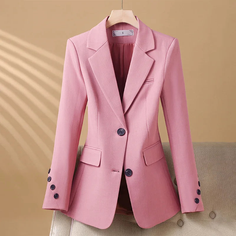 Women's Tailored Single-Breasted Blazer - Fitted Notch Lapel Jacket with Flap Pockets and Button Cuffs