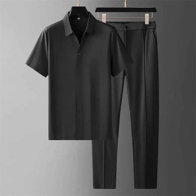 Men’s Short Sleeve Polo Shirt and Trousers Set with Elastic Waist