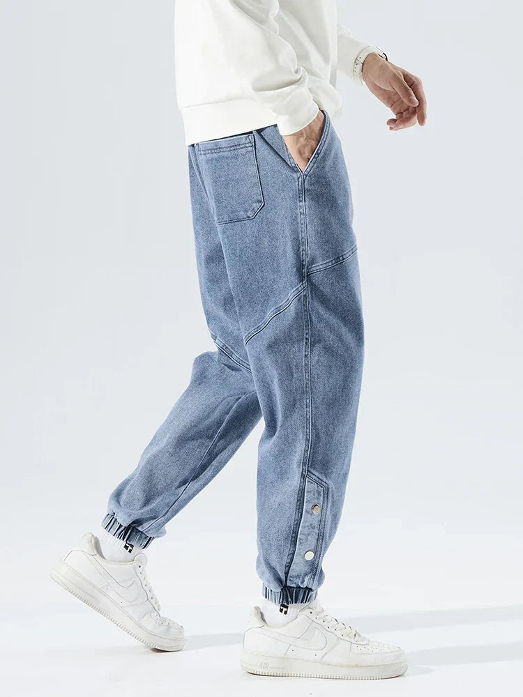 Men's Denim Jogger Jeans - Elasticated Drawstring Waist - Ribbed Cuff - Panelled Seam Detail
