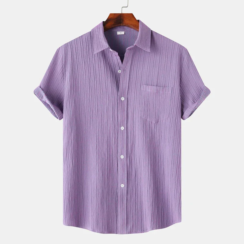 Men’s Short Sleeve Button-Up Shirt with Polo Collar and Chest Pocket