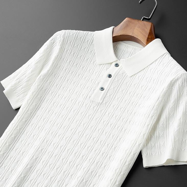 Men’s Textured Short Sleeve Polo Shirt with Three-Button Placket