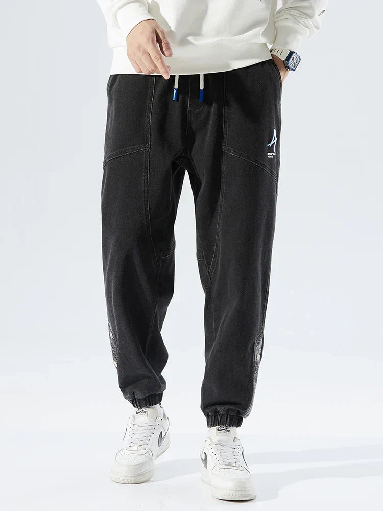 Men's Denim Jogger Jeans - Elasticated Drawstring Waist - Ribbed Cuff - Panelled Seam Detail
