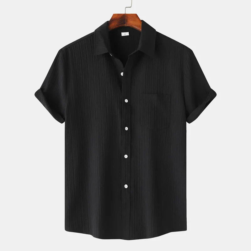 Men’s Short Sleeve Button-Up Shirt with Polo Collar and Chest Pocket