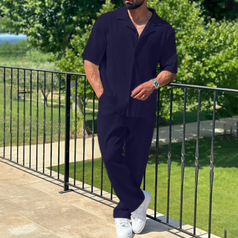 Men's Two Piece Set - Pleated Camp Collar Short Sleeve Shirt - Straight Leg Trousers