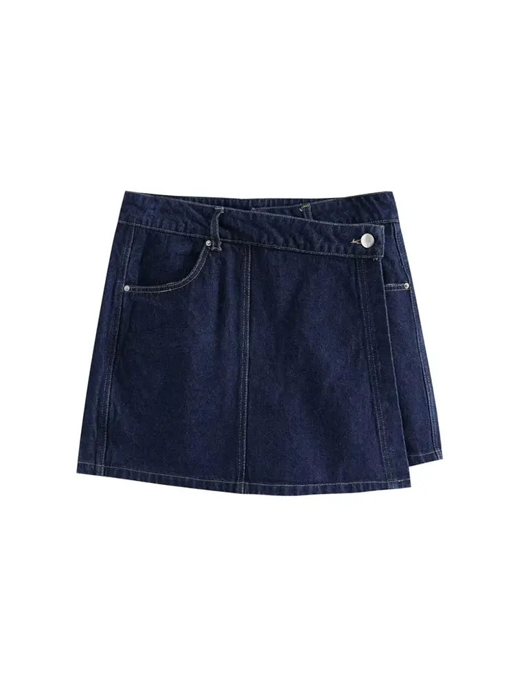 Women's Denim Going-Out Set - Cropped Half-Zip Top and Asymmetric Wrap Mini Skirt with Contrast Stitching
