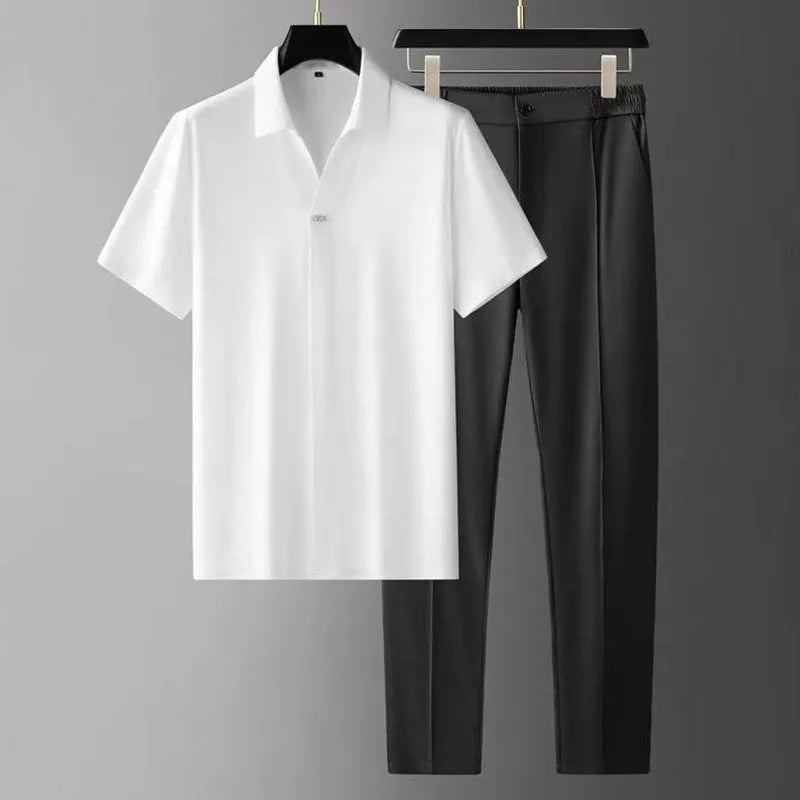 Men’s Short Sleeve Polo Shirt and Trousers Set with Elastic Waist