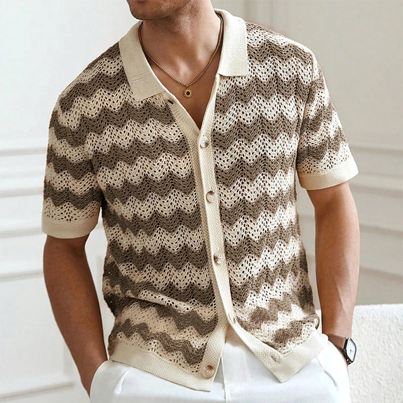 Men’s Short Sleeve Button-Front Crochet Knit Shirt with Zigzag Pattern and Collar
