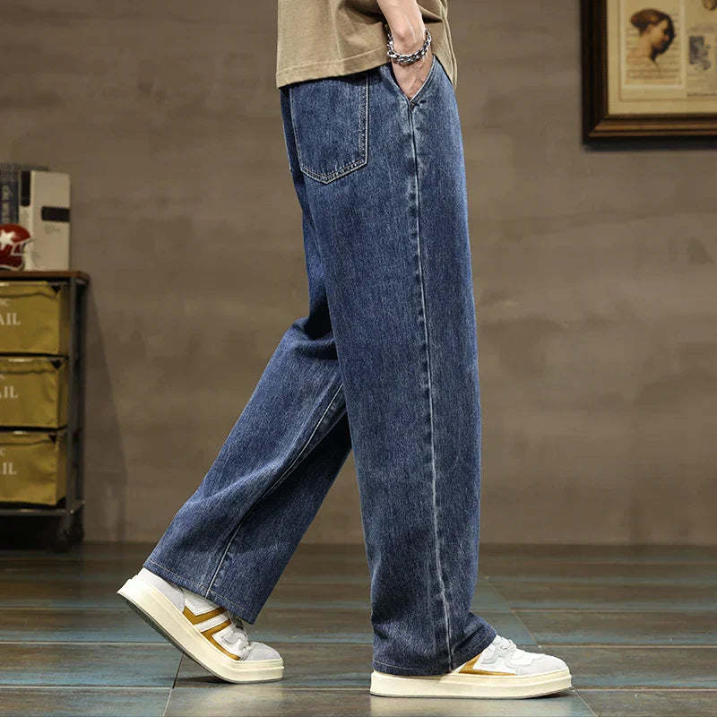 Men’s Wide Leg Drawstring Jeans with Elastic Waist and Straight Hem