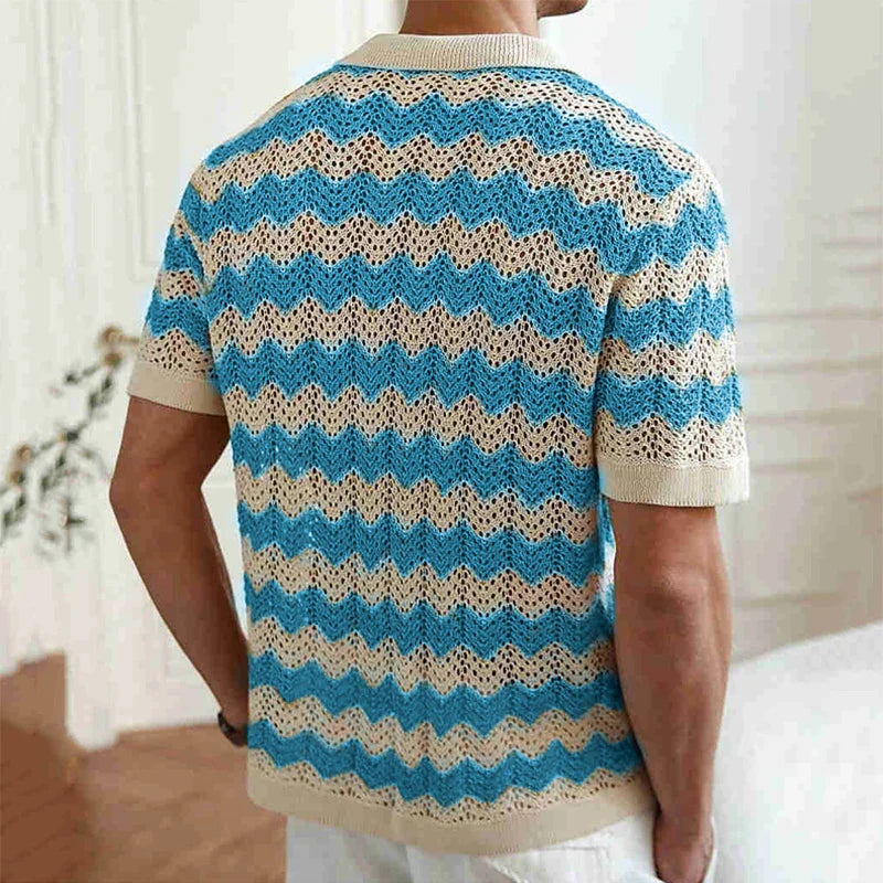 Men’s Short Sleeve Button-Front Crochet Knit Shirt with Zigzag Pattern and Collar