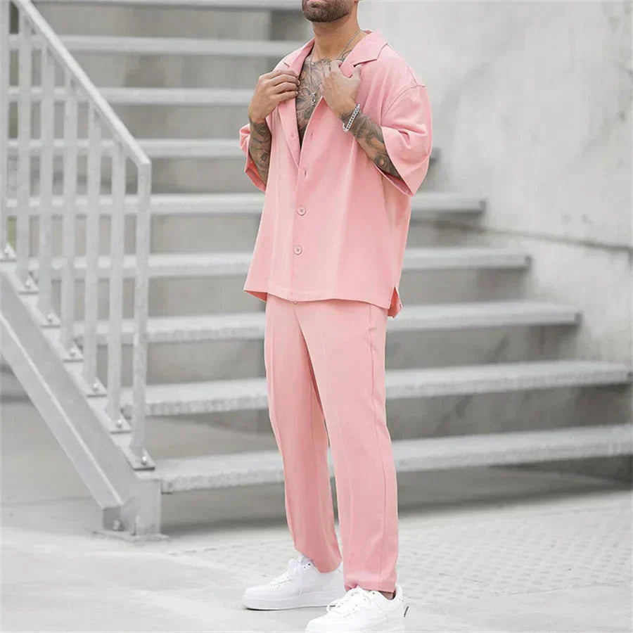 Men's Two Piece Short Sleeve Shirt and Straight Leg Trousers Set