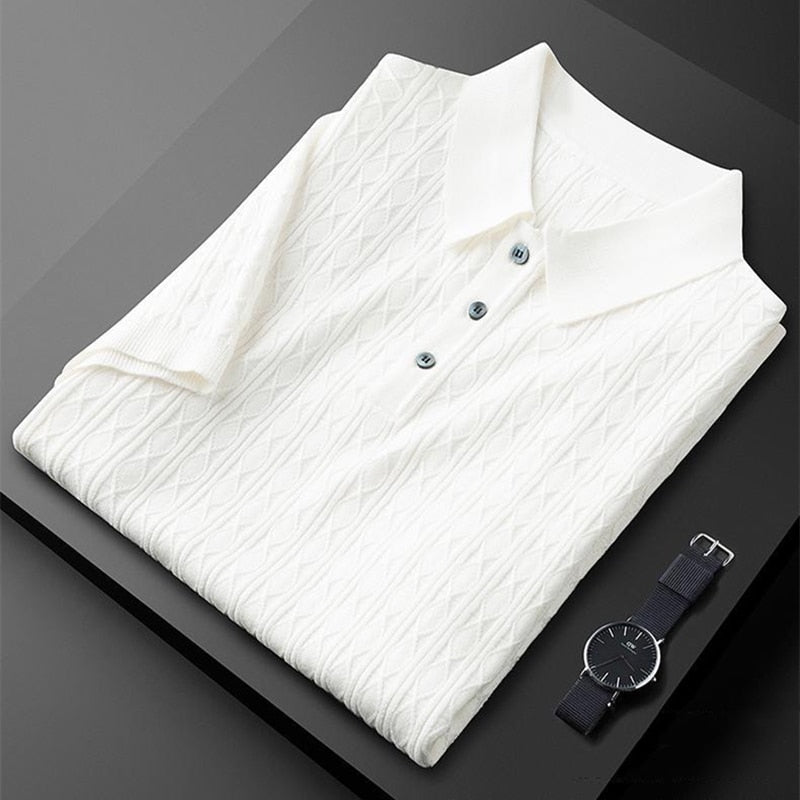 Men’s Textured Short Sleeve Polo Shirt with Three-Button Placket