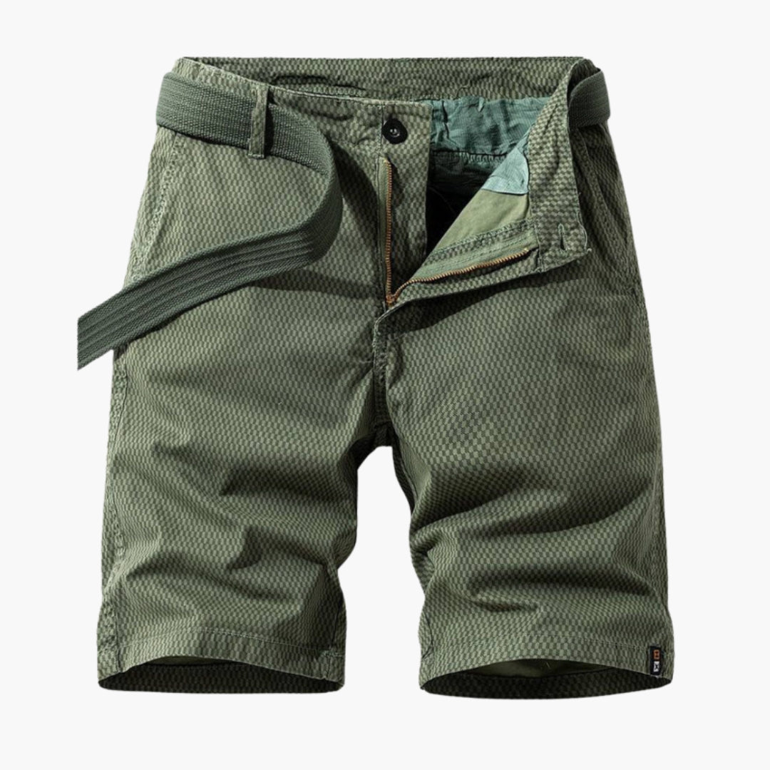 Men's Chino Shorts - Textured Check Pattern - Zip Fly - Belt Included - Front and Back Pockets - Knee Length