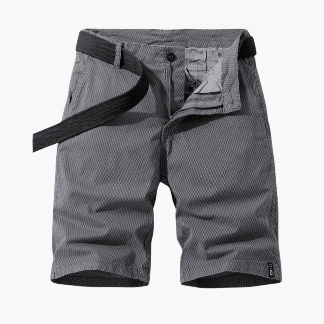 Men's Chino Shorts - Textured Check Pattern - Zip Fly - Belt Included - Front and Back Pockets - Knee Length