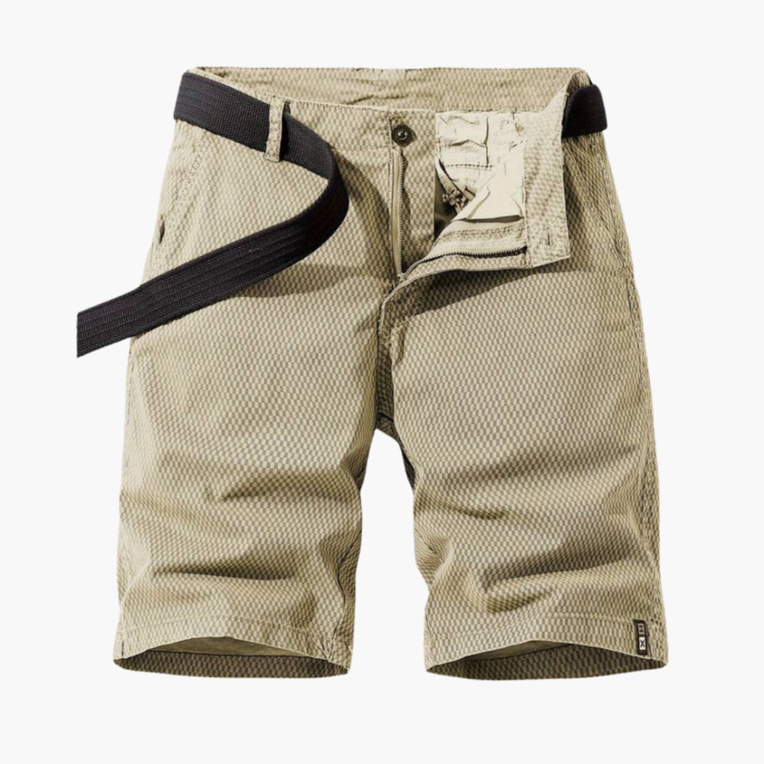Men's Chino Shorts - Textured Check Pattern - Zip Fly - Belt Included - Front and Back Pockets - Knee Length