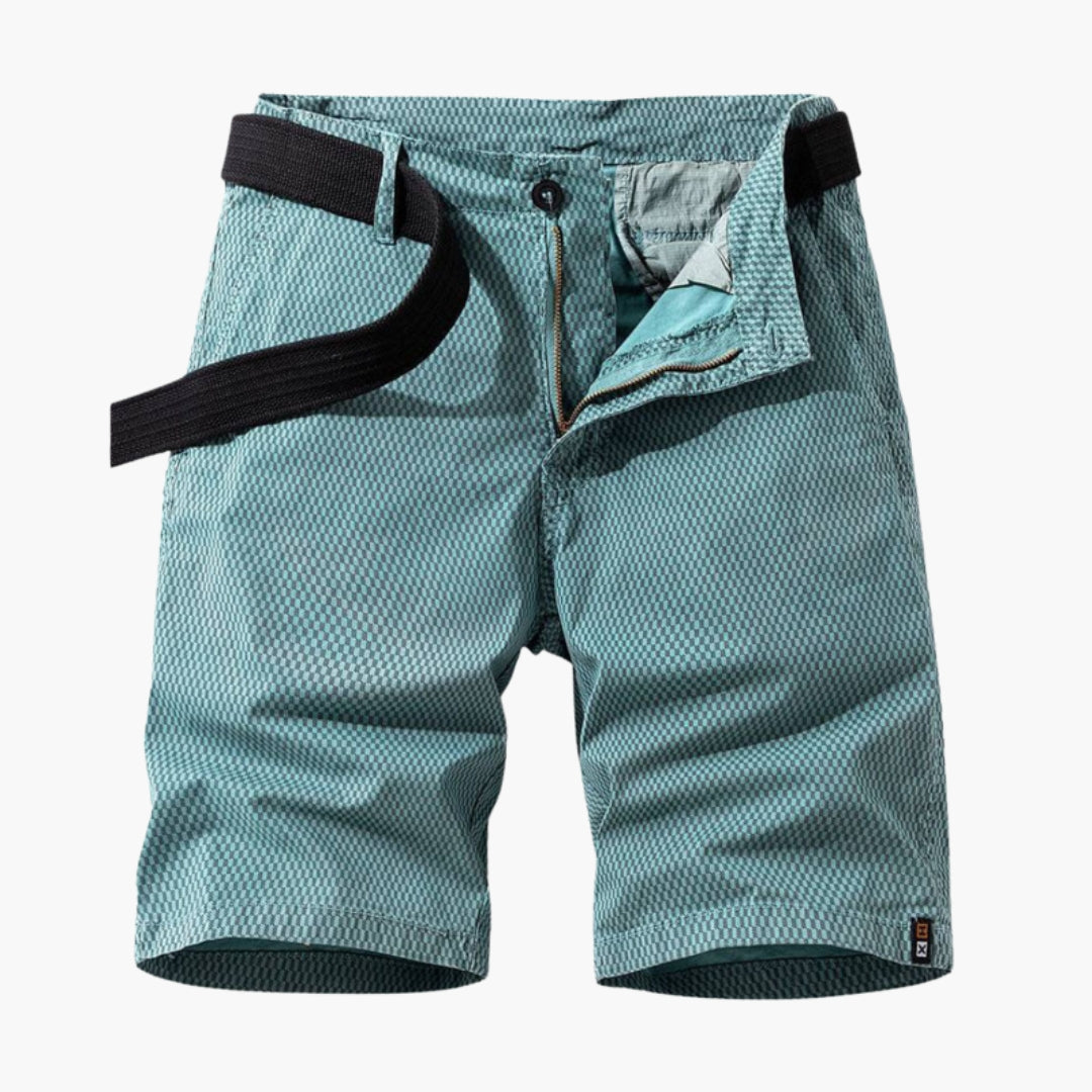 Men's Chino Shorts - Textured Check Pattern - Zip Fly - Belt Included - Front and Back Pockets - Knee Length