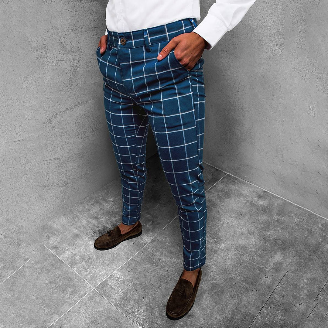 Men's Plaid Check Slim Tapered Leg Chino Trousers with Button and Zip Fly
