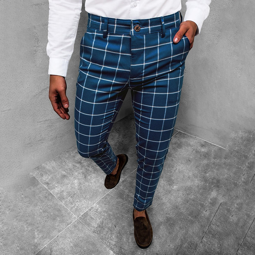 Men's Plaid Check Slim Tapered Leg Chino Trousers with Button and Zip Fly