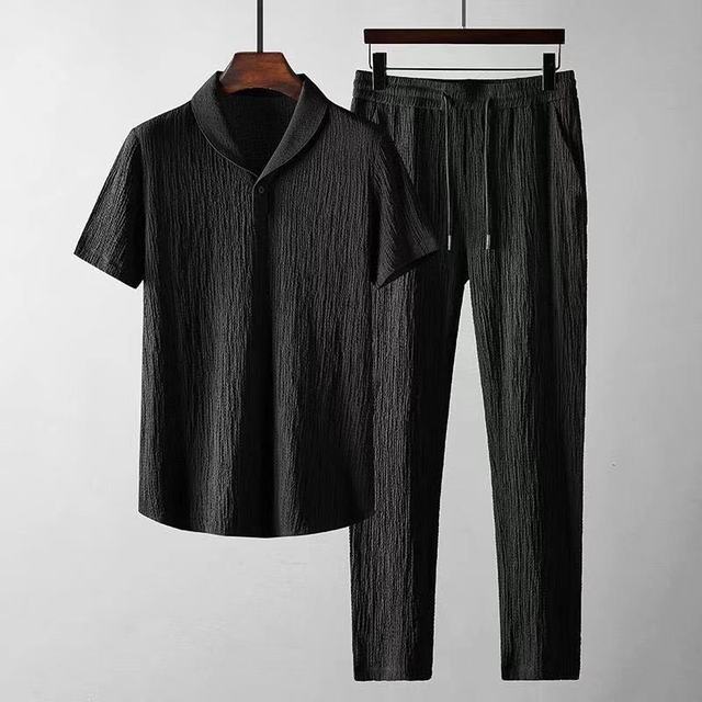 Men's Textured Two-Piece Set - Smart Casual Shawl Collar Top and Tapered Drawstring Trousers