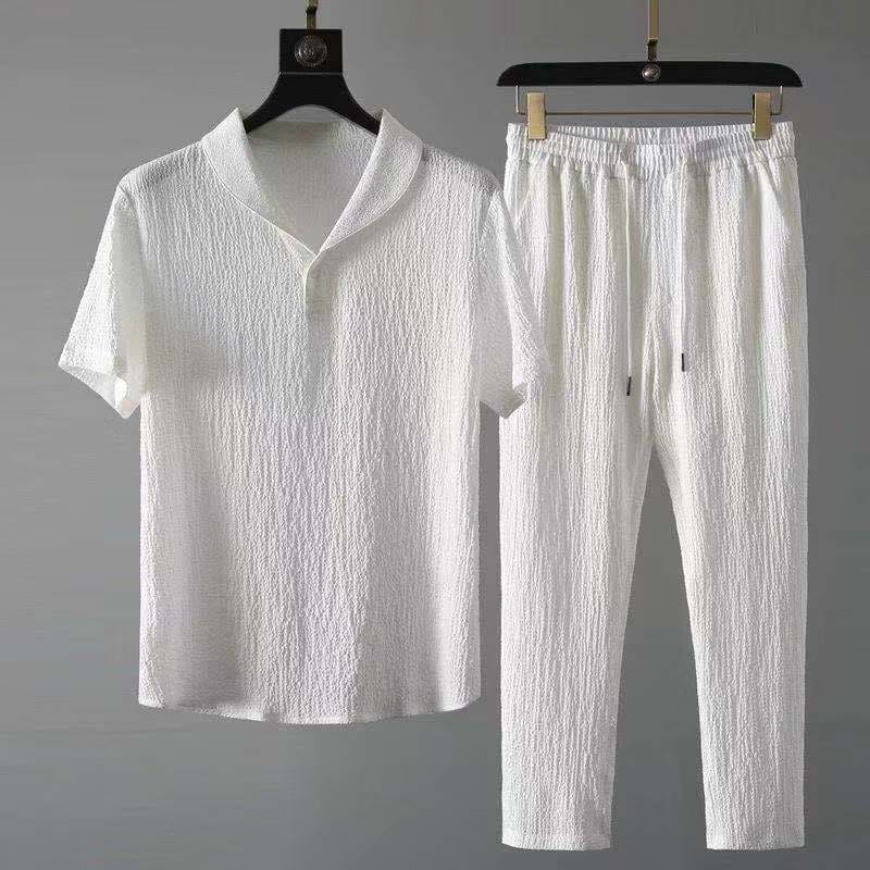 Men's Textured Two-Piece Set - Smart Casual Shawl Collar Top and Tapered Drawstring Trousers