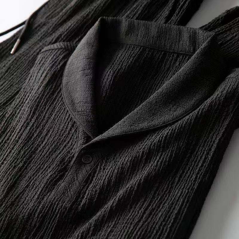 Men's Textured Two-Piece Set - Smart Casual Shawl Collar Top and Tapered Drawstring Trousers