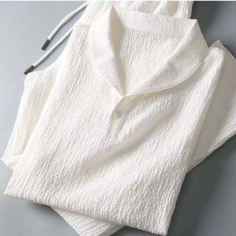 Men's Textured Two-Piece Set - Smart Casual Shawl Collar Top and Tapered Drawstring Trousers