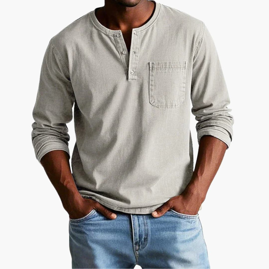 Men's Long Sleeve Henley T-Shirt - Button Placket - Chest Pocket - Washed Finish - Relaxed Fit