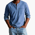 Men's Long Sleeve Henley T-Shirt - Button Placket - Chest Pocket - Washed Finish - Relaxed Fit