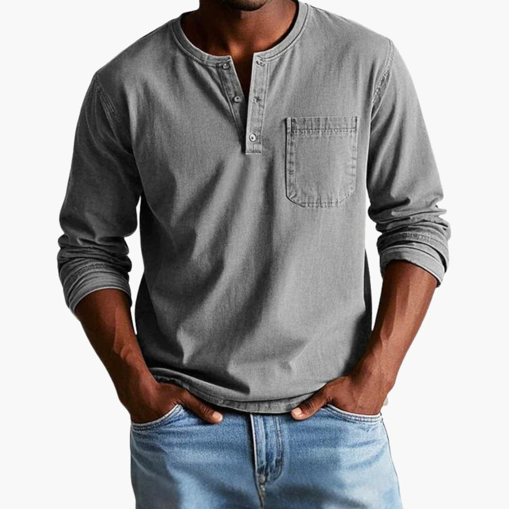 Men's Long Sleeve Henley T-Shirt - Button Placket - Chest Pocket - Washed Finish - Relaxed Fit