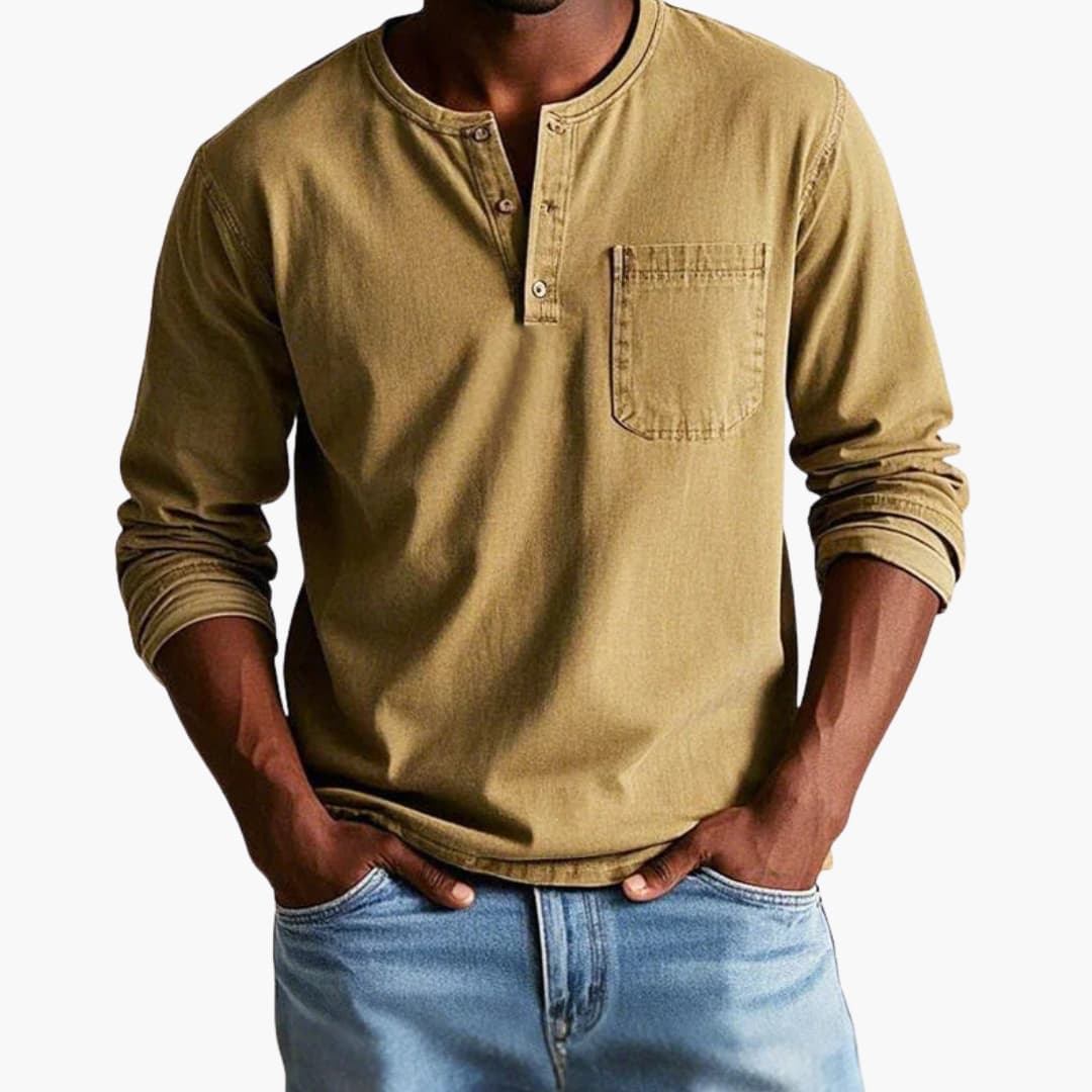 Men's Long Sleeve Henley T-Shirt - Button Placket - Chest Pocket - Washed Finish - Relaxed Fit