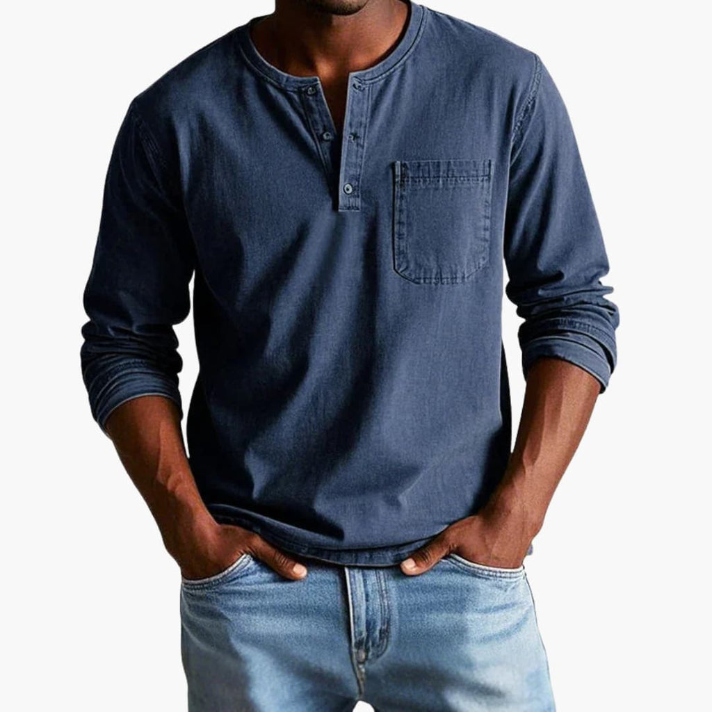 Men's Long Sleeve Henley T-Shirt - Button Placket - Chest Pocket - Washed Finish - Relaxed Fit