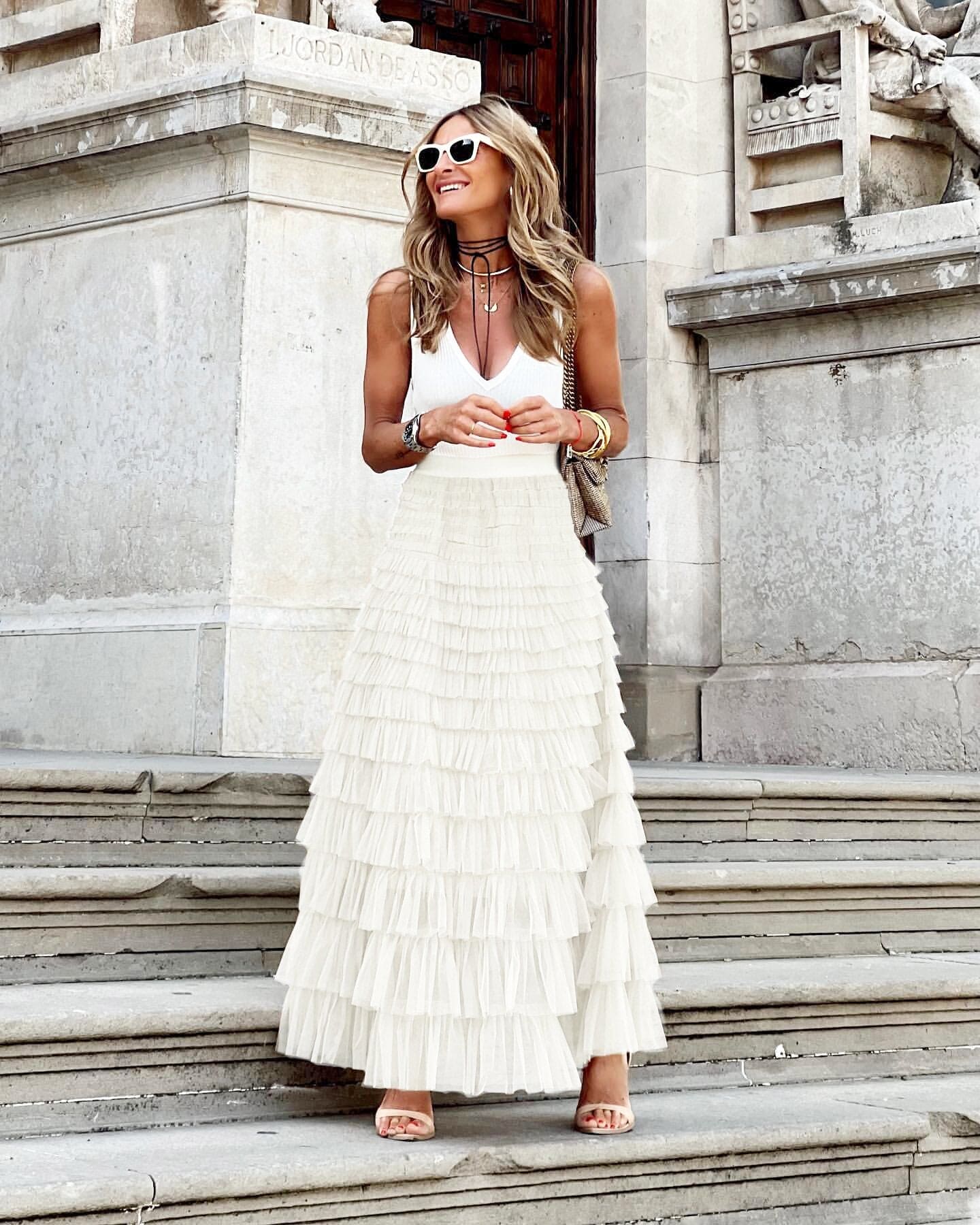 Women's Tiered Tulle Maxi Skirt - Elasticated High Waist and Multi-Layer Ruffles