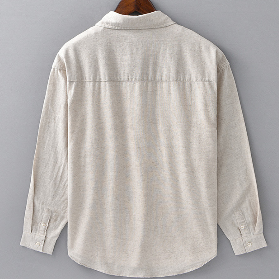 Men's Long-Sleeve Linen Blend Shirt - Point Collar Button-Down Chest Pocket Casual Style
