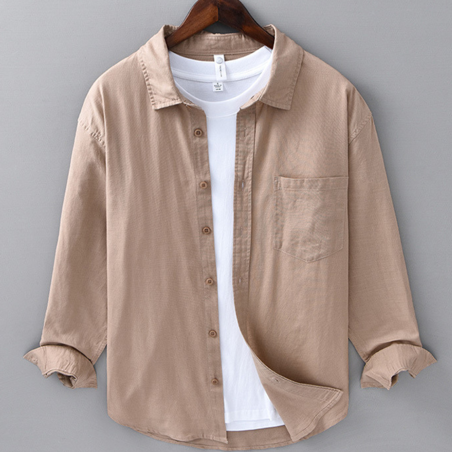 Men's Long-Sleeve Linen Blend Shirt - Point Collar Button-Down Chest Pocket Casual Style