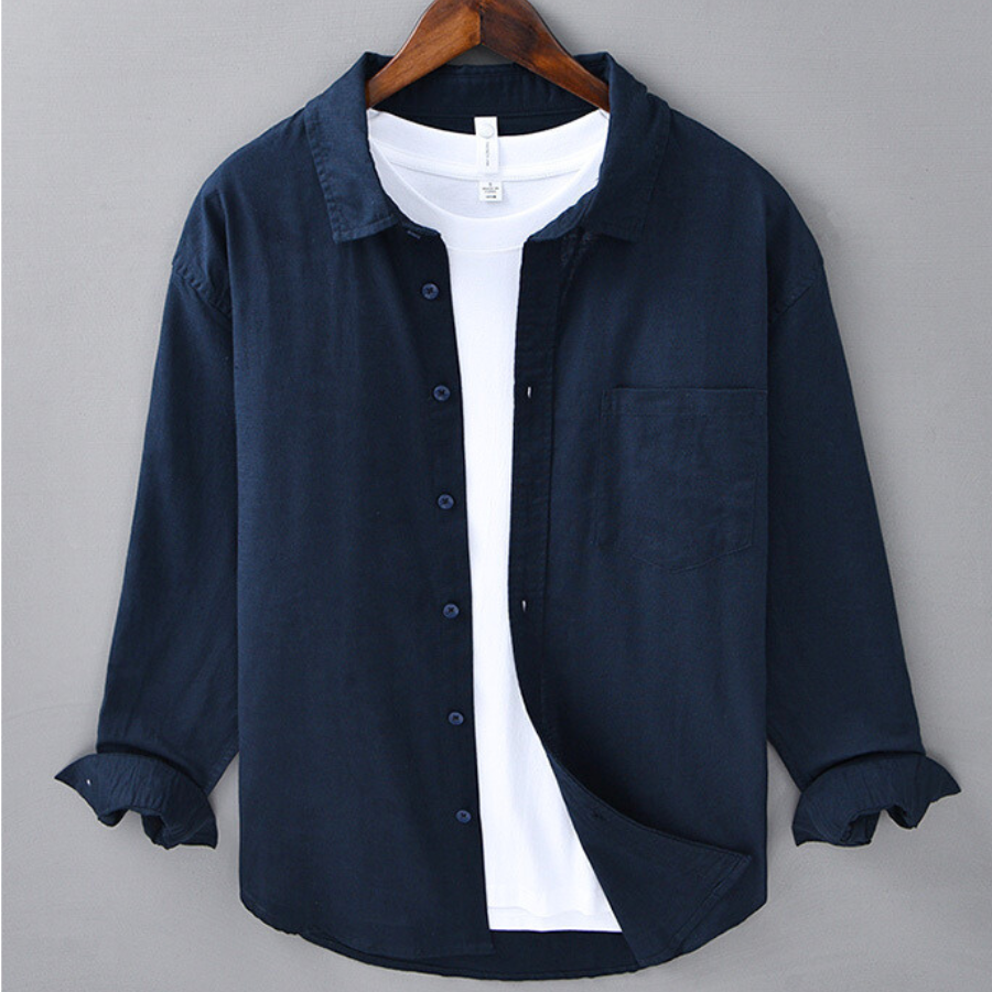 Men's Long-Sleeve Linen Blend Shirt - Point Collar Button-Down Chest Pocket Casual Style